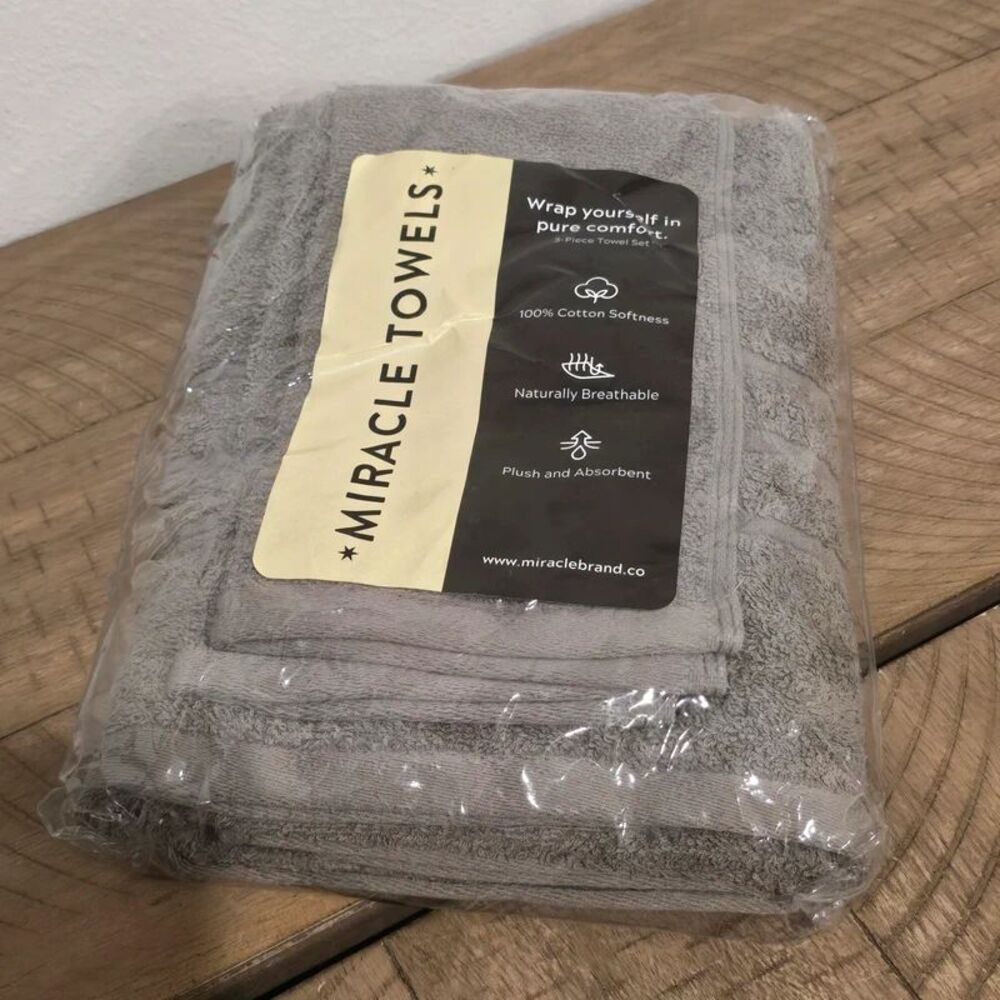 Miracle Made Miracle Towels 3 Piece Bath Towel Set Stone Gray 100% Cotton New